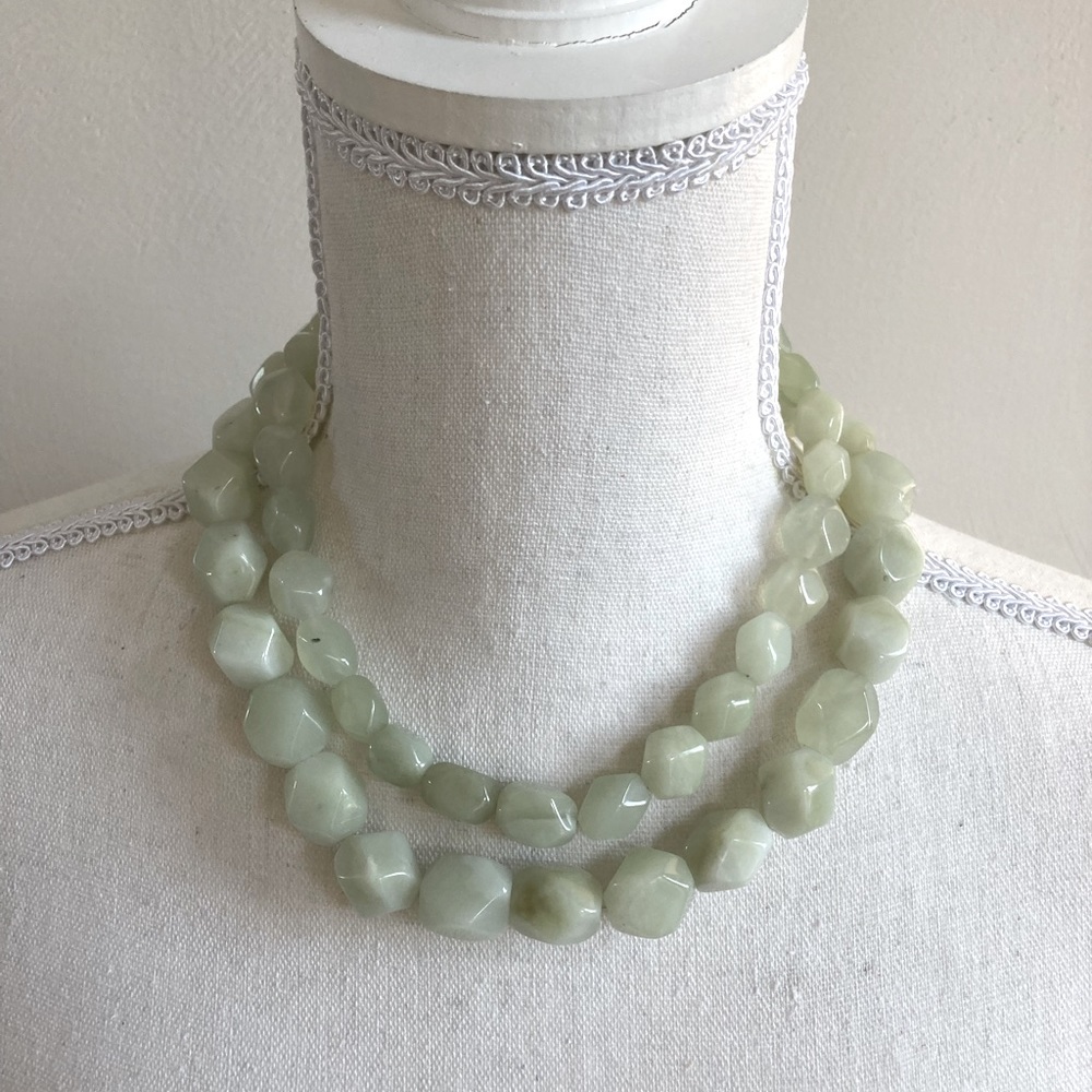 Light Green Chalcedony 2 Strand Chunky Faceted Beaded Necklace, Adjustable